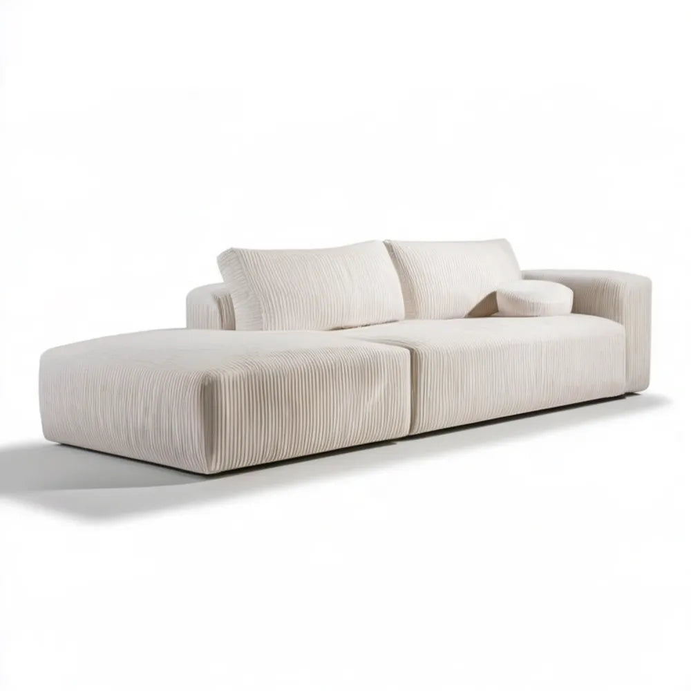 Kremowa sofa narożna z lewym szezlongiem, prążkowana tapicerka, 290 x 165 x 78 cm