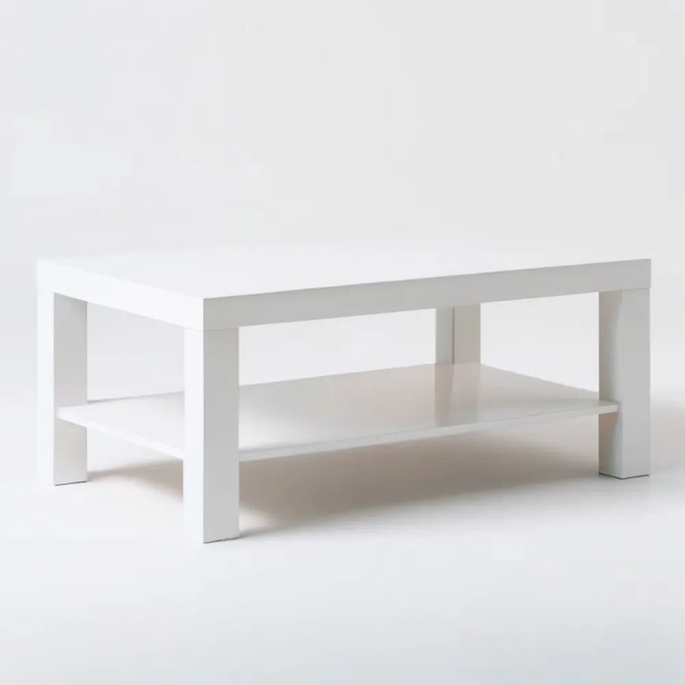 Biały prostokątny stolik kawowy z lakierowanej płyty MDF z dolną półką, 90 x 55 x 45 cm