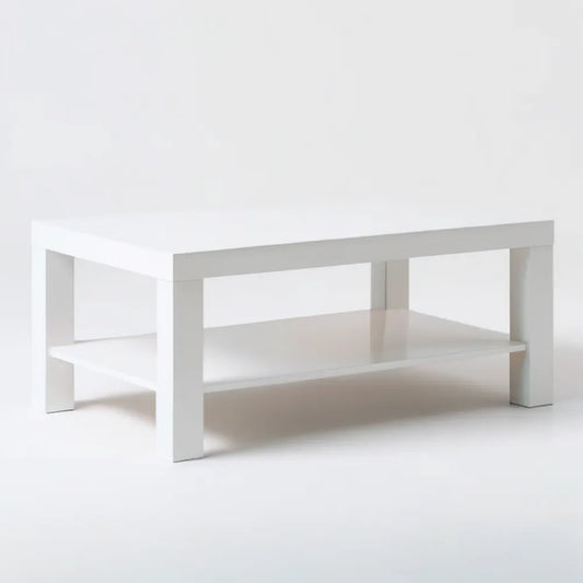 Biały prostokątny stolik kawowy z lakierowanej płyty MDF z dolną półką, 90 x 55 x 45 cm