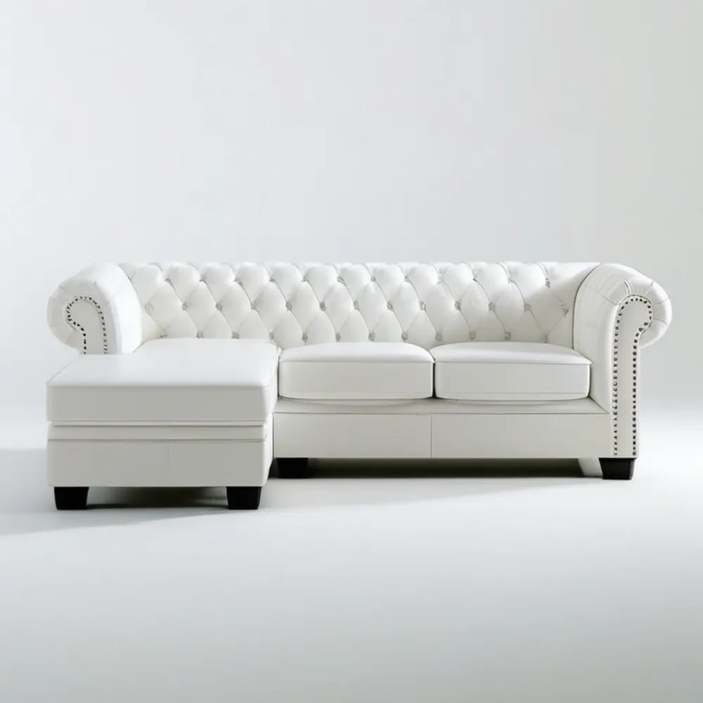 Lewostronna sofa Chesterfield ze skóry syntetycznej PU, biała, 270 × 165 × 78 cm