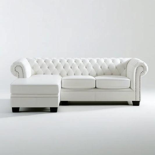 Lewostronna sofa Chesterfield ze skóry syntetycznej PU, biała, 270 × 165 × 78 cm