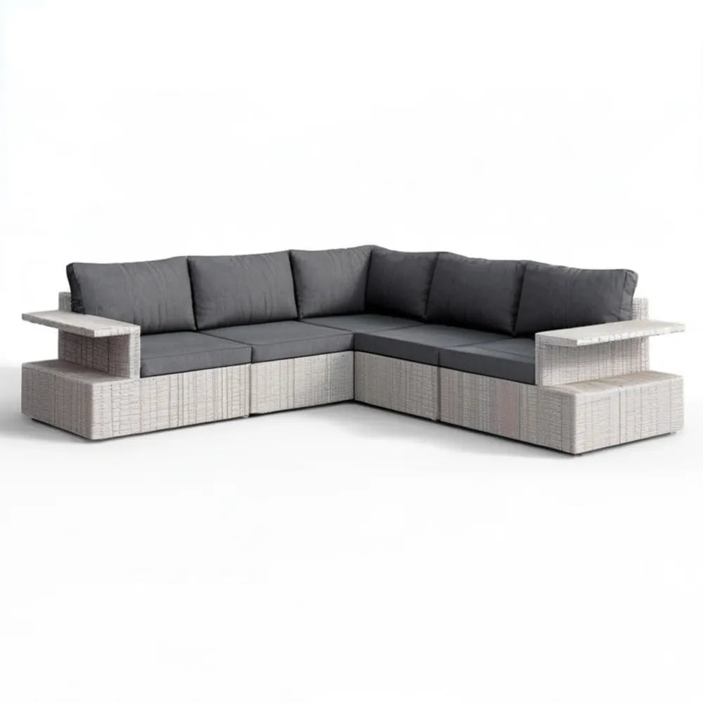 Narożna sofa ogrodowa z technorattanu jasnoszara z antracytowymi poduszkami, 280 × 220 × 65 cm