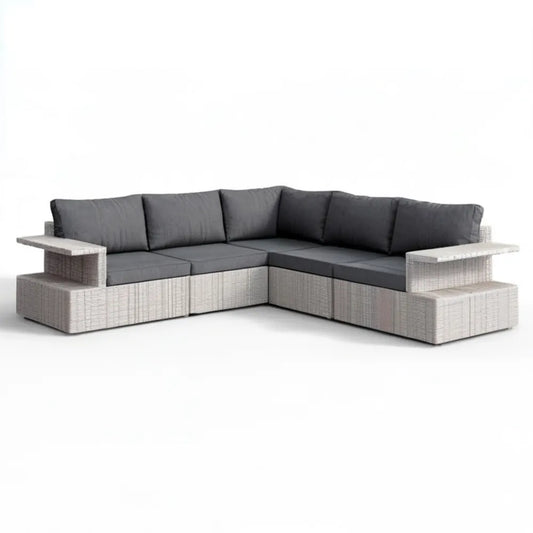 Narożna sofa ogrodowa z technorattanu jasnoszara z antracytowymi poduszkami, 280 × 220 × 65 cm