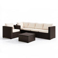 Brązowo-kremowy zestaw z technorattanu z sofą 3-osobową, fotelem i stolikiem, sofa 200 × 70 × 65 cm