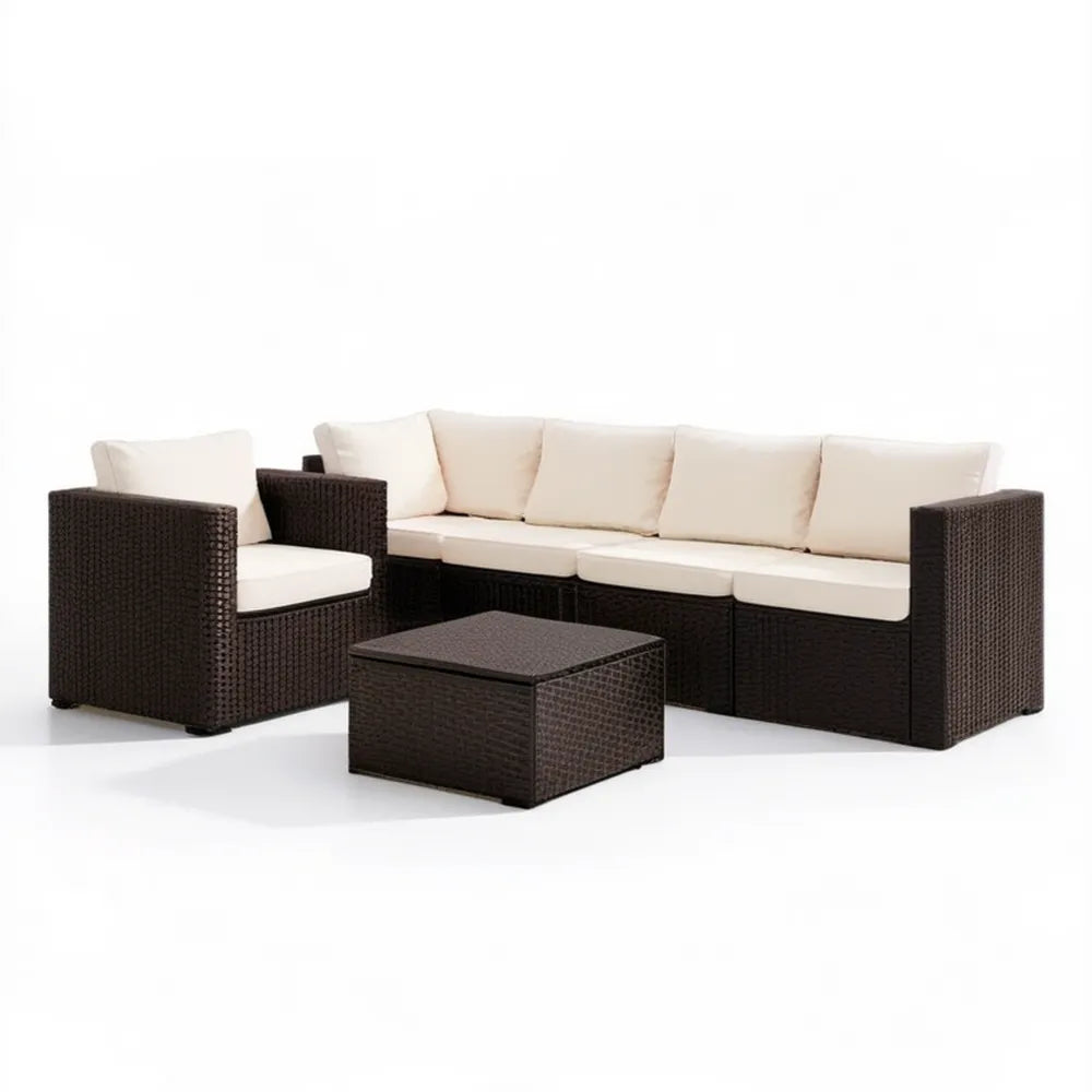 Brązowo-kremowy zestaw z technorattanu z sofą 3-osobową, fotelem i stolikiem, sofa 200 × 70 × 65 cm