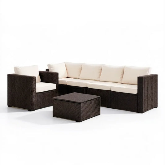 Brązowo-kremowy zestaw z technorattanu z sofą 3-osobową, fotelem i stolikiem, sofa 200 × 70 × 65 cm