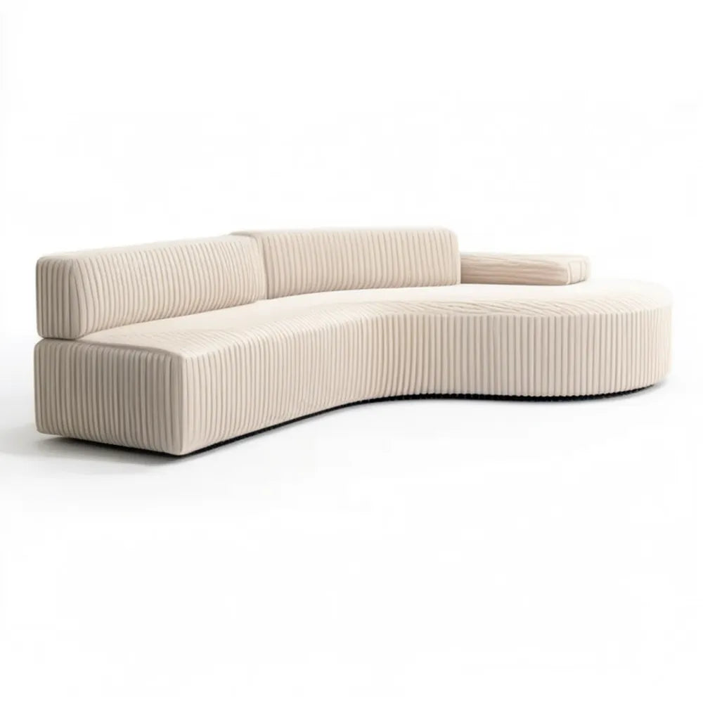 Kremowa łukowa sofa trzyosobowa ze sztruksową tapicerką, prawy podłokietnik, 300 x 110 x 75 cm