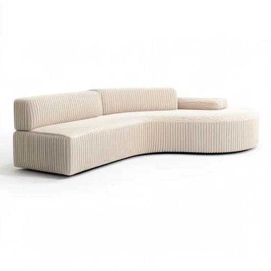 Kremowa łukowa sofa trzyosobowa ze sztruksową tapicerką, prawy podłokietnik, 300 x 110 x 75 cm