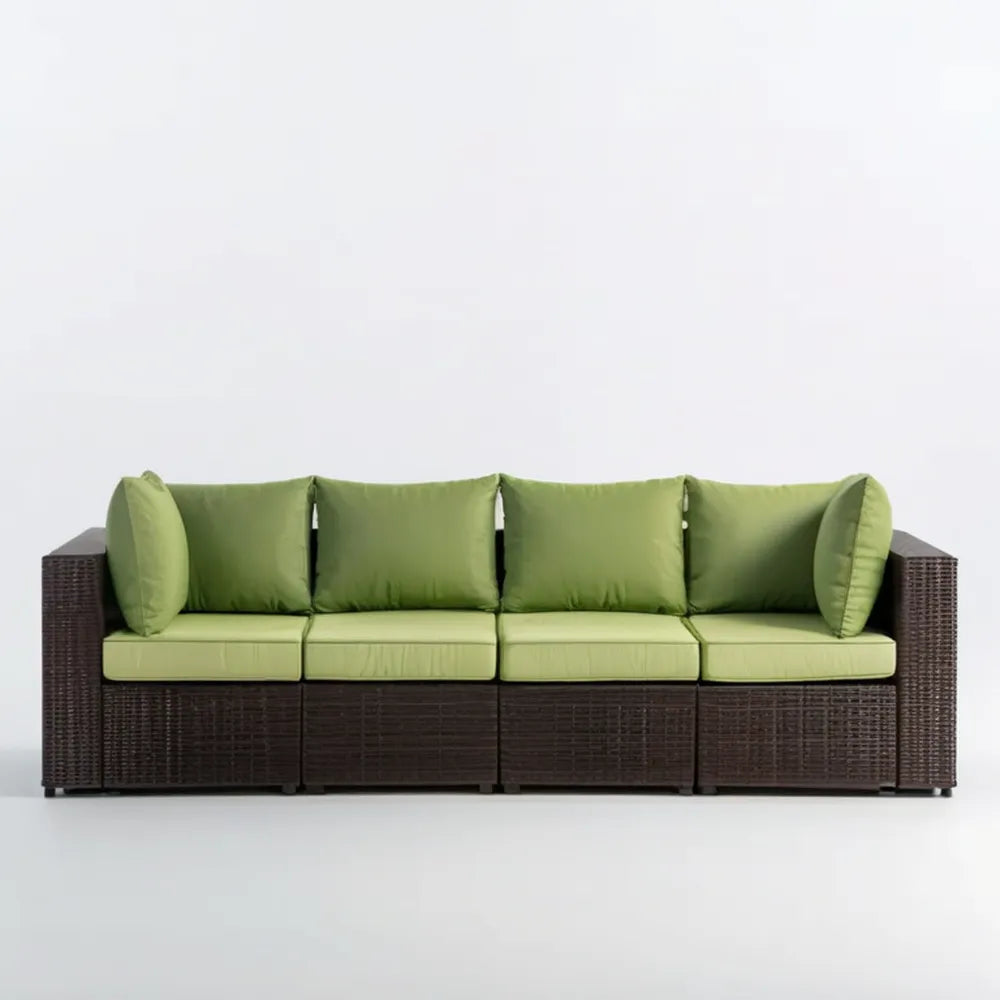 Modułowa sofa z technorattanu PE dla 4 osób, brązowa z zielonymi poduszkami, 280 x 70 x 65 cm