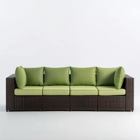 Modułowa sofa z technorattanu PE dla 4 osób, brązowa z zielonymi poduszkami, 280 x 70 x 65 cm