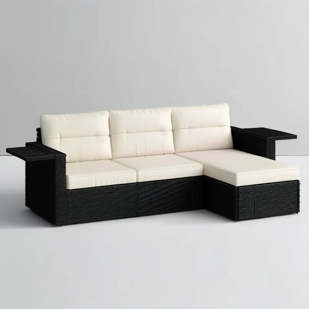 Narożna sofa ogrodowa 3-osobowa z polirattanu PE, czarna z kremowymi poduszkami, 196 × 136 × 63 cm
