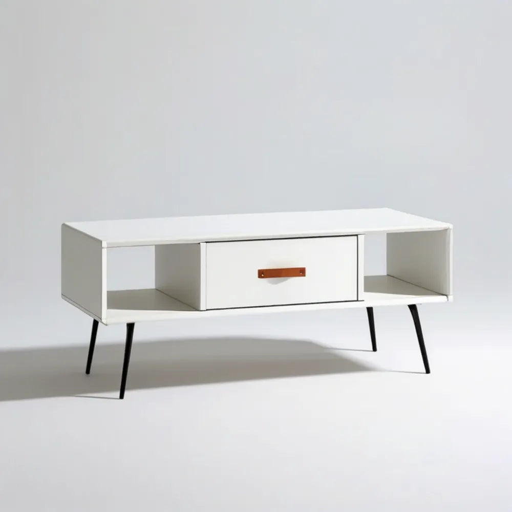 Prostokątny stolik kawowy z płyty MDF, biały, 100 x 50 x 45 cm, z szufladą i półkami