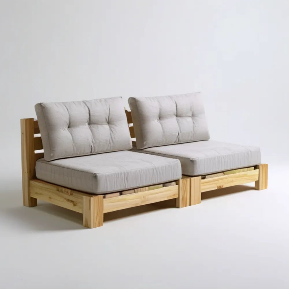 Dwuosobowa sofa ogrodowa z litego drewna sosnowego z beżowymi poduszkami, 140 x 80 x 78 cm