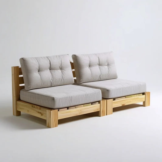 Dwuosobowa sofa ogrodowa z litego drewna sosnowego z beżowymi poduszkami, 140 x 80 x 78 cm