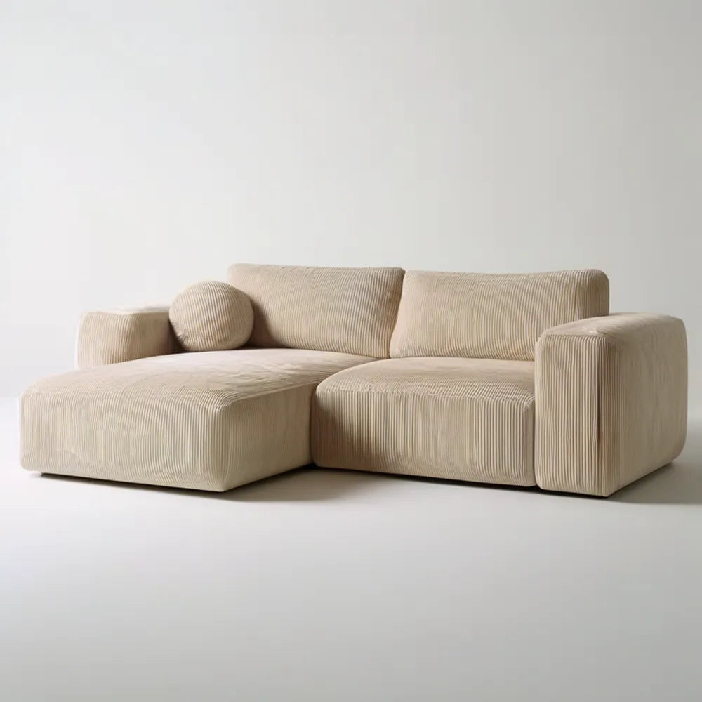 Beżowa sofa narożna lewostronna w kształcie L, sztruksowa, 240 × 160 × 75 cm