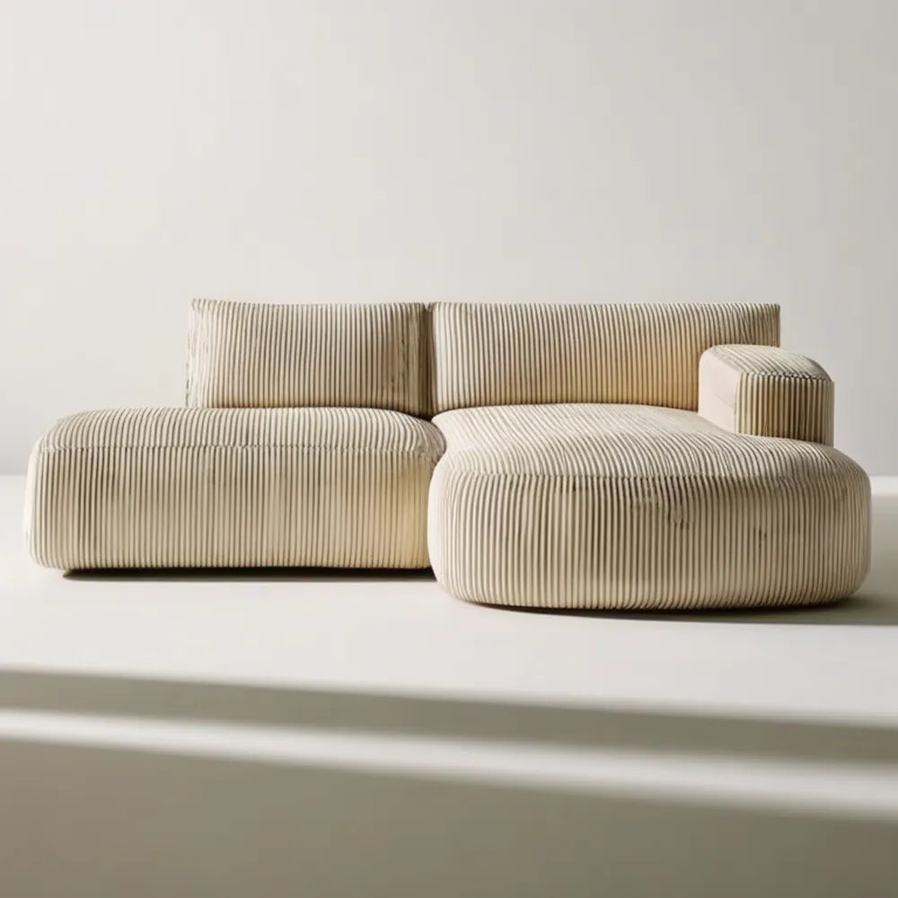 Sofa modułowa z prawostronnym szezlongiem, prążkowany poliester ecru, 260 × 160 × 72 cm