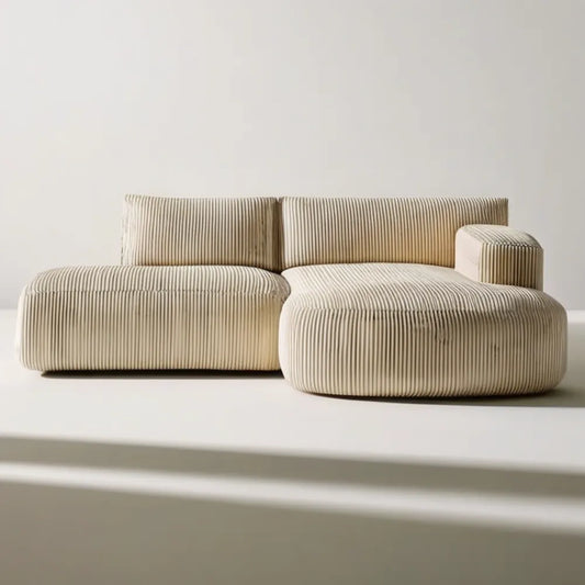 Sofa modułowa z prawostronnym szezlongiem, prążkowany poliester ecru, 260 × 160 × 72 cm