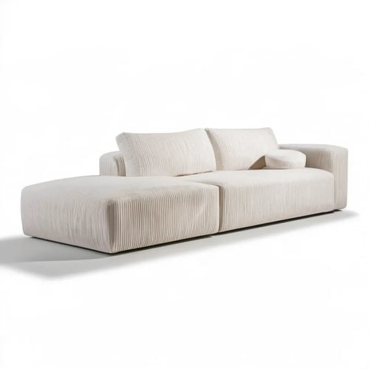 Kremowa sofa narożna z lewym szezlongiem, prążkowana tapicerka, 290 x 165 x 78 cm