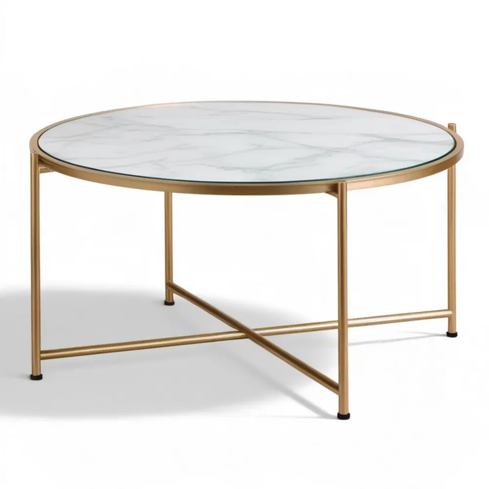 Okrągły stolik kawowy 80 x 80 x 45 cm ze szklanym blatem imitującym marmur, biało-złoty