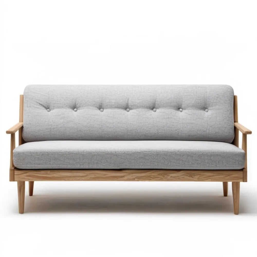 Dwuosobowa sofa skandynawska z litego drewna kauczukowego, jasnoszara/naturalny jasny brąz, 160 × 80 × 82 cm