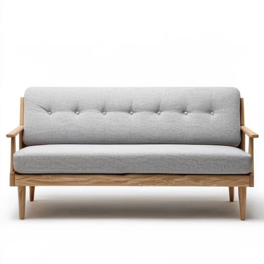 Dwuosobowa sofa skandynawska z litego drewna kauczukowego, jasnoszara/naturalny jasny brąz, 160 × 80 × 82 cm